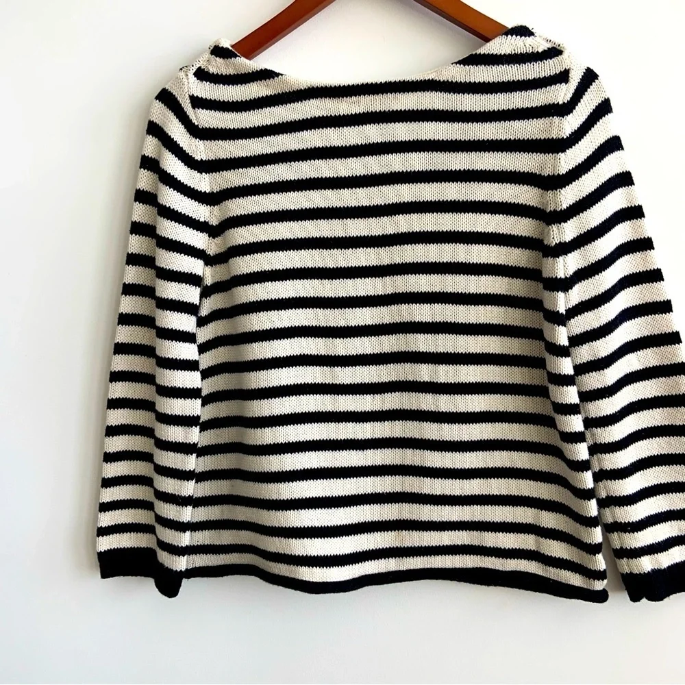 Marled Black and White Crew Neck Sweater with Nautical Stripes Size M - Picture 5 of 12